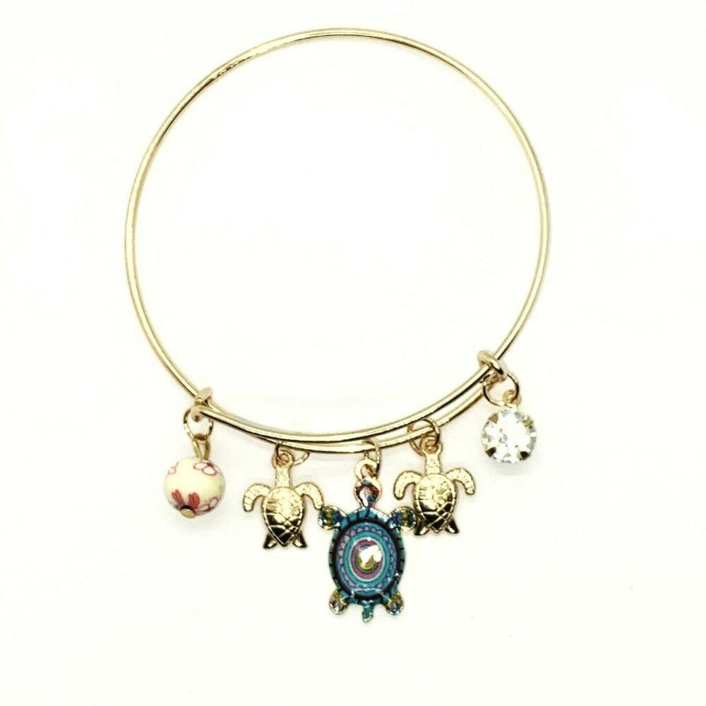 Beaded Sea Turtle Charm Colorful Bangle Bracelet